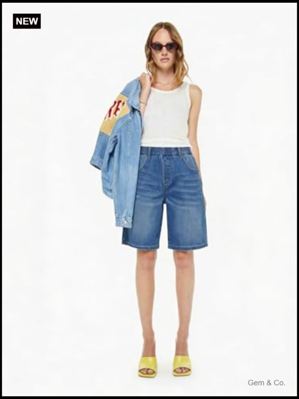 Women's Elastic Waisted Bermuda Jean Shorts Long Denim Jorts Knee Length Baggy - Picture 5 of 7